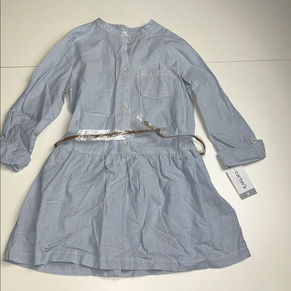 Carter’s Size 8 Blue Chambray & White Striped Half Button Up Belted Shirt Dress - Picture 1 of 7